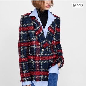 Zara Checked tweed double-breasted blazer,gold buttons and frayed trim. Size XS